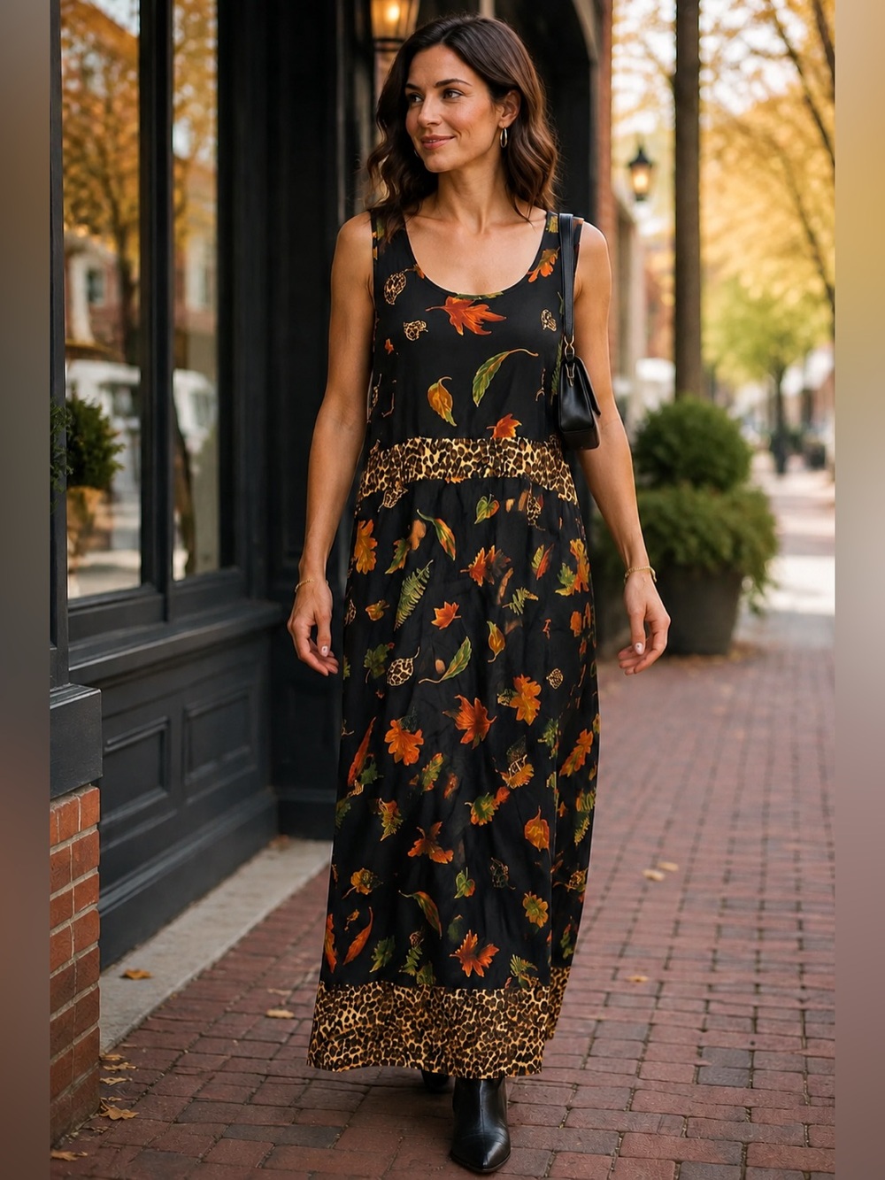 Vintage 90s CLIO 1X Black Autumn Leaf Leopard Print Rayon Maxi Dress Witchy Fall